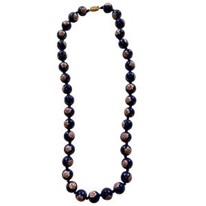 Vintage Cloisnone Bead Necklace Womens 24" Cobalt Blue Pink Floral Hand Knotted